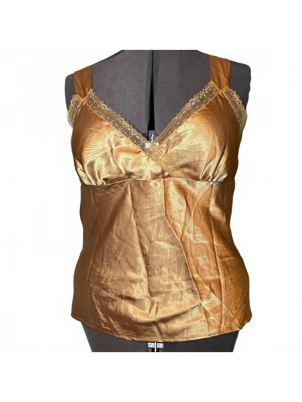 Y2K Fairy Grunge Apostrophe Gold Satin Lace Trim Babydoll Tank Large